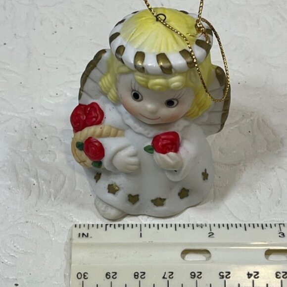 VTG 80's Angel Christmas Bell Tree Ornament Ceramic with Red Roses 2"x3" - Picture 13 of 13